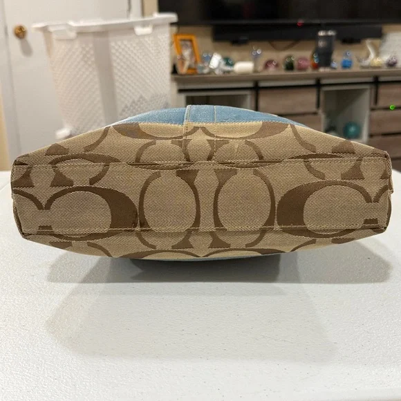 Coach Signature C Tan & Blue Striped Canvas and Leather Shoulder Bag and Wallet - Picture 7 of 17